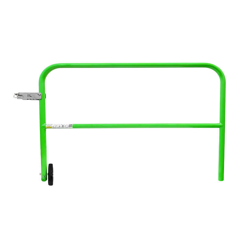 The Frontline Fall Protection Frontline Guardrail 5' Rolling Swing Gate GUG55 is a green safety gate with two legs and a wheel, featuring a left-side latch for secure temporary access control.