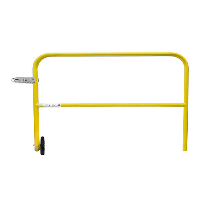 The Frontline Guardrail 5' Rolling Swing Gate GUG55 by Frontline Fall Protection is a yellow metal gate with two vertical legs, a wheel on the left leg, and a latch at the top left, designed for safe and functional crowd control or safety gate use.
