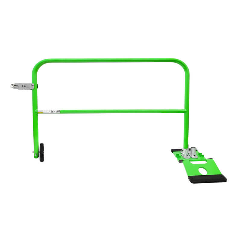 The Frontline Guardrail 5' Rolling Swing Gate GUG55 by Frontline Fall Protection is a bright green metal gate with a horizontal bar, locking mechanism, two black wheels on one side, and a flat base for stability, inspired by the Frontline Guardrail.