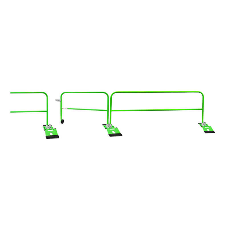 The Frontline Guardrail 5' Rolling Swing Gate GUG55 from Frontline Fall Protection is shown in bright green, with flat rectangular bases, both connected and unconnected, against a white background.