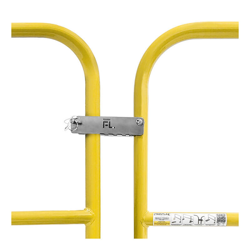 Close-up of a Frontline Guardrail 5' Rolling Swing Gate GUG55 by Frontline Fall Protection in safety yellow, featuring a silver latch and locking pin at the center, with an instruction label on the lower right side.