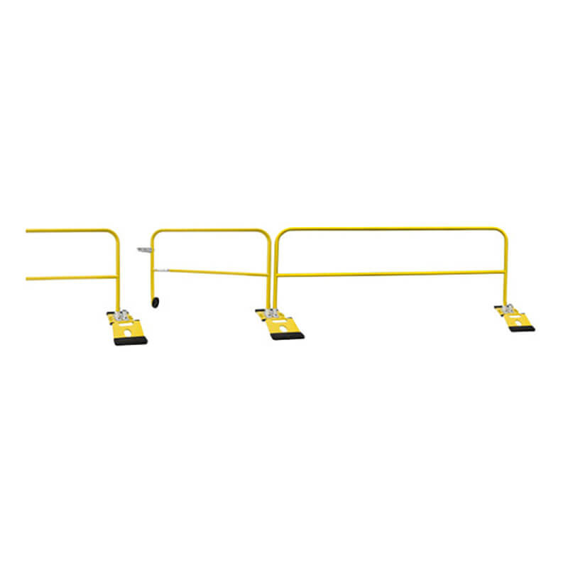 Frontline Fall Protection Frontline Guardrail 5' Rolling Swing Gate GUG55 metal safety barriers with flat black and yellow bases are lined up, with one section slightly open to form an entryway.
