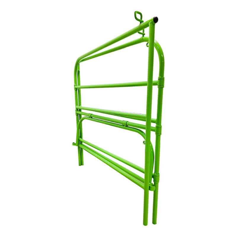 The Frontline Manhole Guardrail by Frontline Fall Protection is a bright green metal folding safety rail with three horizontal bars and support legs. Its collapsible design allows easy storage, as shown standing upright against a white background.