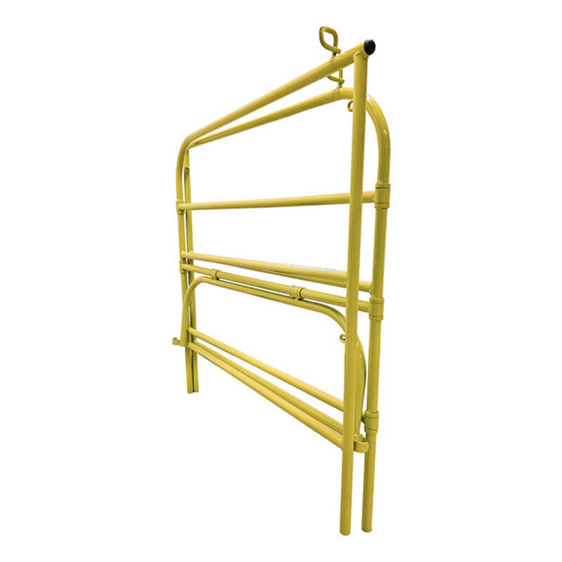The Frontline Manhole Guardrail by Frontline Fall Protection is a yellow metal frame with three horizontal bars, collapsible for easy transport and storage—ideal for construction, maintenance, or confined space safety.