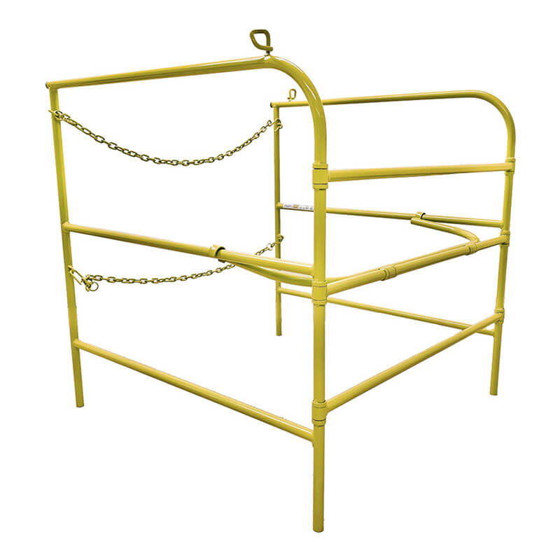 The Frontline Manhole Guardrail by Frontline Fall Protection features a collapsible yellow metal design with chains, perfect for scaffolding or manhole use to boost fall protection and confined space safety at construction sites.