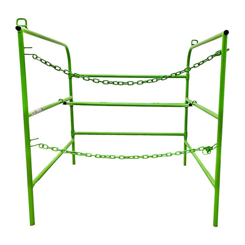 The Frontline Manhole Guardrail by Frontline Fall Protection is a green metal rack with four legs and two horizontal chains, featuring a collapsible design for easy storage. Shown against a white background.