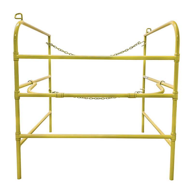 The Frontline Manhole Guardrail by Frontline Fall Protection is a yellow metal safety gate with vertical/horizontal bars, center chains, curved top edges, and a collapsible design for easy use on scaffolding or elevated work areas.