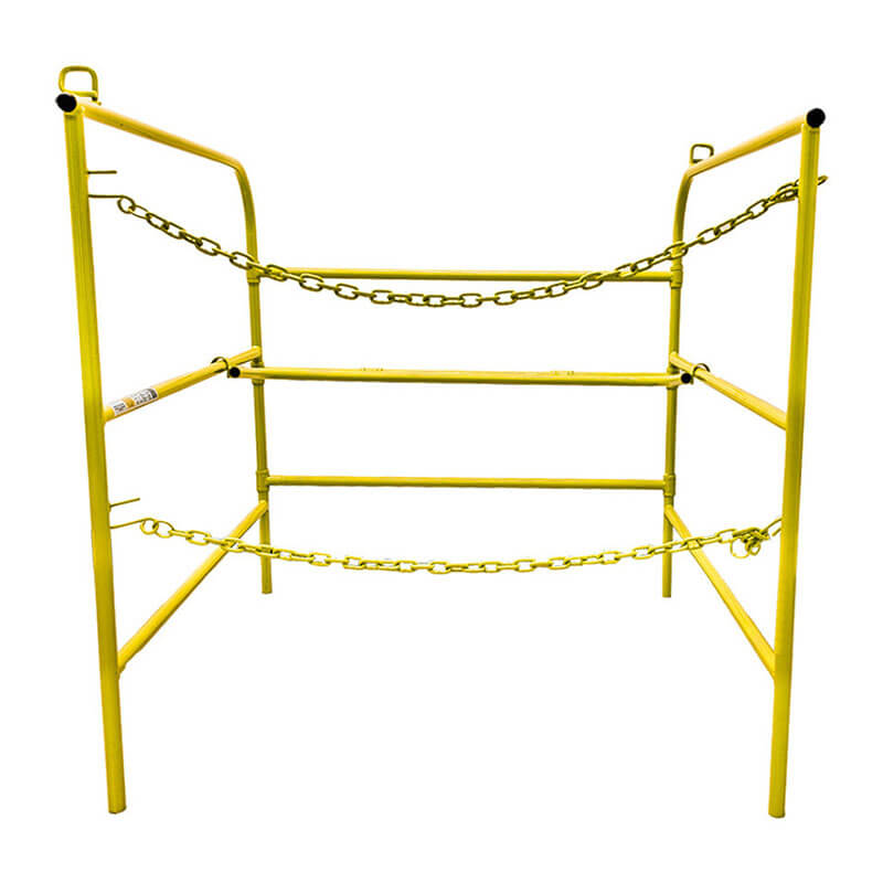 The Frontline Manhole Guardrail by Frontline Fall Protection is a yellow safety cage with front and middle chains, featuring a collapsible frame on four legs to provide fall protection for workers on elevated platforms and in confined spaces.