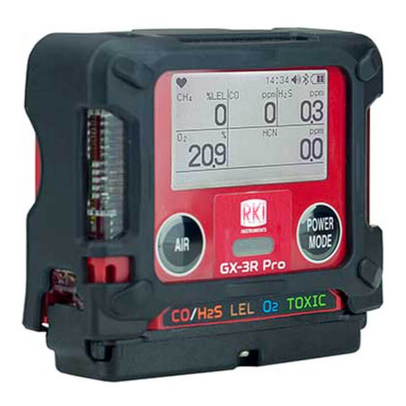 The RKI Instruments GX-3R 4 Gas Confined Space Monitor (72-RA-C) displays real-time gas levels with CO/H2S, LEL, O₂, and TOXIC indicators, plus “AIR” and “POWER MODE” buttons—ideal for confined space monitoring.
