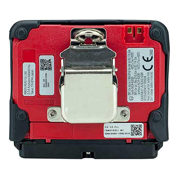 The image shows the back of an RKI GX-3R Bundle Gas Monitor by RKI Instruments, with a red and black casing, center metal clip, QR code labels, and exposed connectors—ideal for dependable confined space gas detection.
