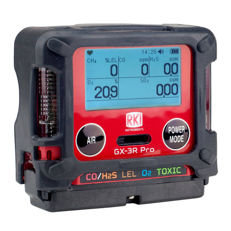 The RKI Instruments GX-3R 4 Gas Confined Space Monitor (72-RA-C) displays real-time gas levels with CO/H2S, LEL, O₂, and TOXIC indicators, plus “AIR” and “POWER MODE” buttons—ideal for confined space monitoring.