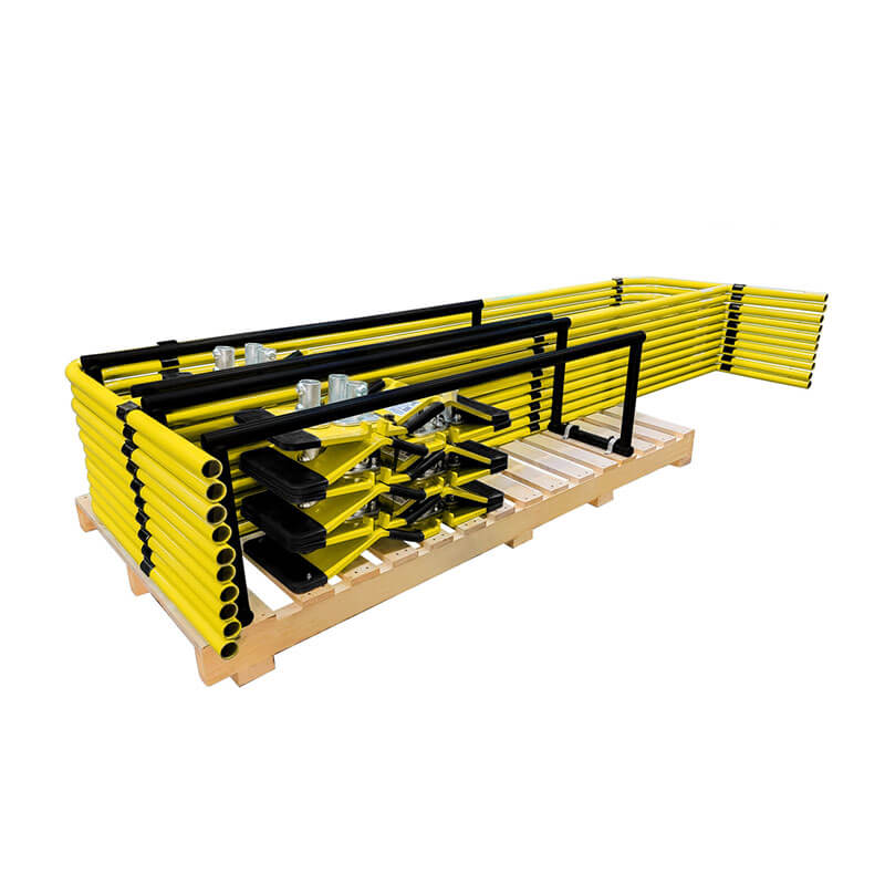 The Frontline Guardrail System Non-Penetrating Complete 100' Kit by Frontline Fall Protection, in yellow, offers modular fall prevention—an ideal safety barrier for industrial or warehouse use and is conveniently shipped on a pallet.