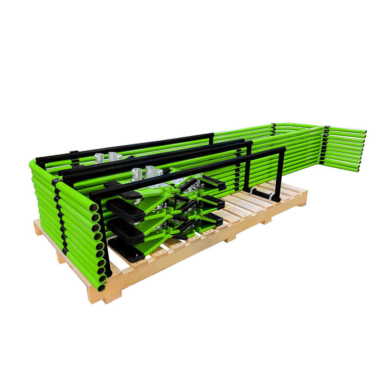 Green metal pipes from the Frontline Guardrail System Non-Penetrating Complete 100' Kit by Frontline Fall Protection are neatly bundled and stacked on a pallet, organized for transport or assembly as a fall prevention solution.