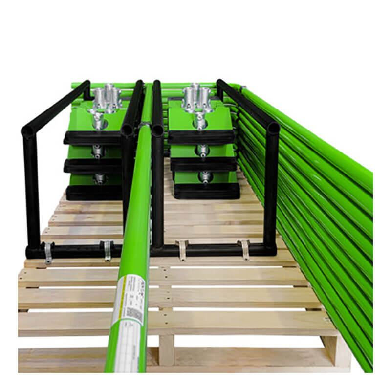 Frontline Guardrails 56 lbs Base GUB56 by Frontline Fall Protection are arranged on a pallet—green metal pipes stacked vertically on the right, with others and black fittings assembled in a rectangular frame on the left.