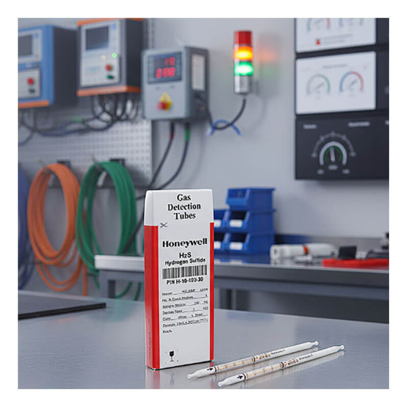 A box of BW Technologies by Honeywell Hydrogen Sulfide 100–2,000 ppmv Tubes H-10-103-30 (10/Box) and two tubes sit on a lab bench; industrial equipment and a lit signal tower highlight reliable H₂S detection.