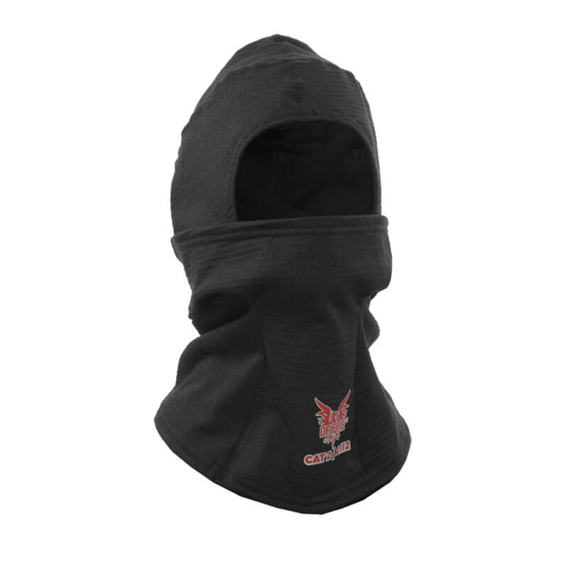 The NSA DRIFIRE Power Grid Fleece FR Balaclava H92FWPS, from National Safety Apparel, Inc, features a black design with a red eagle logo and the "CAT" text against a white background. Crafted for cold weather, its soft fabric covers the entire head and neck while leaving an opening for the face.