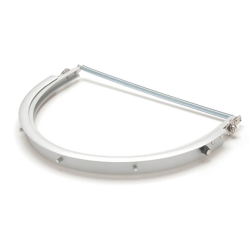 The Pyramex Aluminum Full Brim Hard Hat Adapter HHAAW by Pyramex Safety features a curved shape and straight top bar, like a metal purse frame, with hinges and clasps for secure attachment to full brim hard hats.