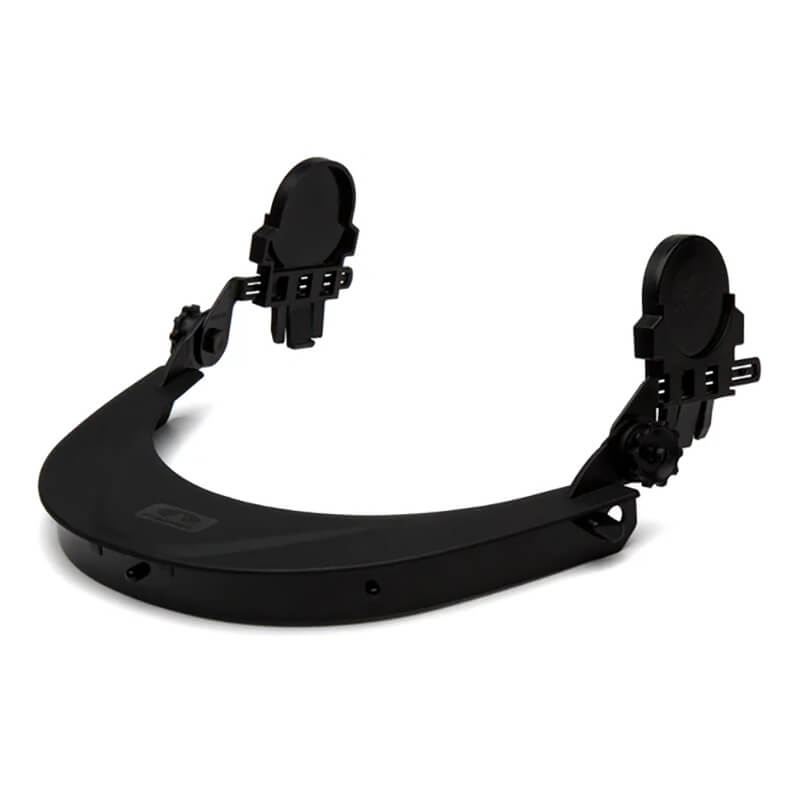 The Pyramex Safety Ridgeline Cap Style Hard Hat Adapter HHABCMR is a stylish black head-mounted device featuring two circular attachments designed to fit comfortably around the wearer's head. With its adjustable clamping mechanisms and hinges, this adapter offers versatility, making it ideal for integrating safety glasses or a face shield.
