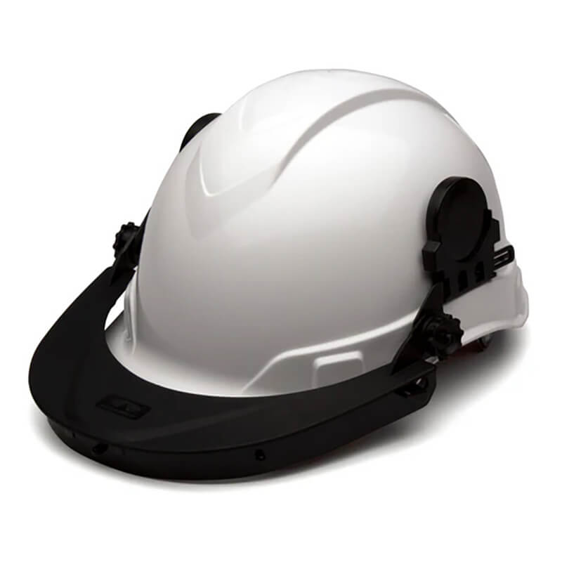 The Pyramex Ridgeline Cap Style Hard Hat Adapter HHABCMR from Pyramex Safety is a white hard hat with a black brim and adjustable side straps, engineered to provide safety and protection on construction sites. It includes an adapter for attaching safety glasses or a face shield, offering comprehensive protection for every worker.