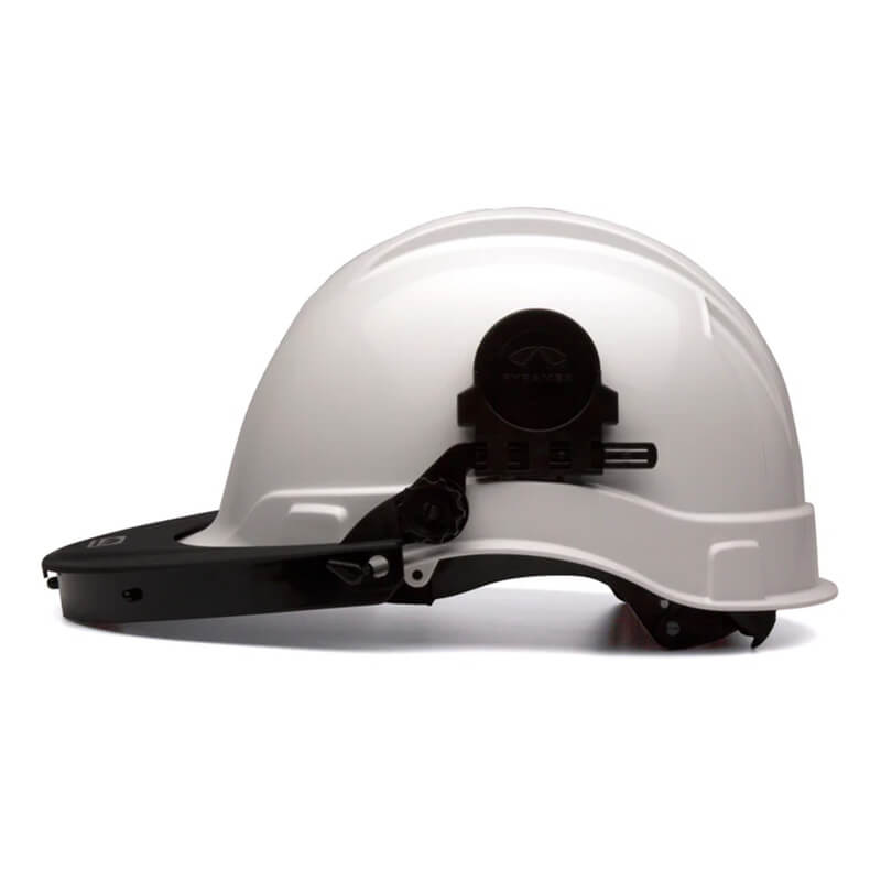 The Pyramex Ridgeline Cap Style Hard Hat Adapter HHABCMR by Pyramex Safety, shown in white with a black adjustable strap and featuring a side adapter for added convenience, is viewed from the side against a plain background.
