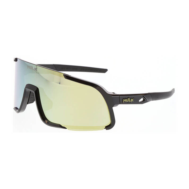 MCR Safety Hulk HK4 MAX3 Polarized Safety Glasses feature large, yellow-tinted, wraparound lenses with “HULK” branding, an angular black frame, adjustable nose pads, and anti-scratch coating, shown on a white background.