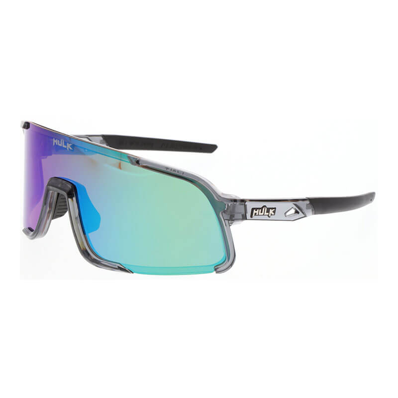 The MCR Hulk HK4 MAX3 Polarized Safety Glasses by MCR Safety feature a semi-rimless, angular frame with wide, polarized green-blue lenses and black arms with the brand's geometric logo. An anti-scratch coating ensures lasting clarity.