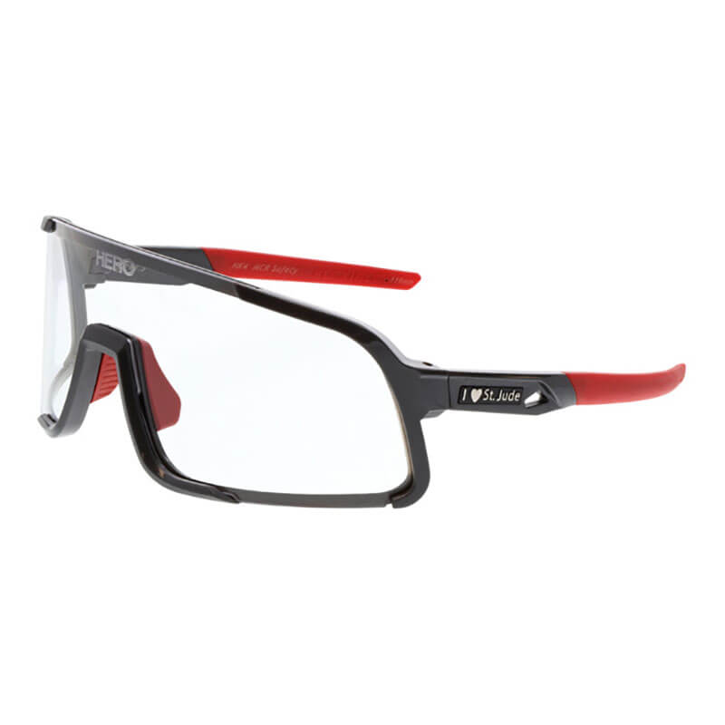 MCR Hulk HK4 St. Jude HERO Edition Safety Glasses by MCR Safety feature rectangular black/red frames, clear lenses, adjustable nose pads, and "I ♥ St. Jude" on the side to support St. Jude Children's Research Hospital. (12/box).