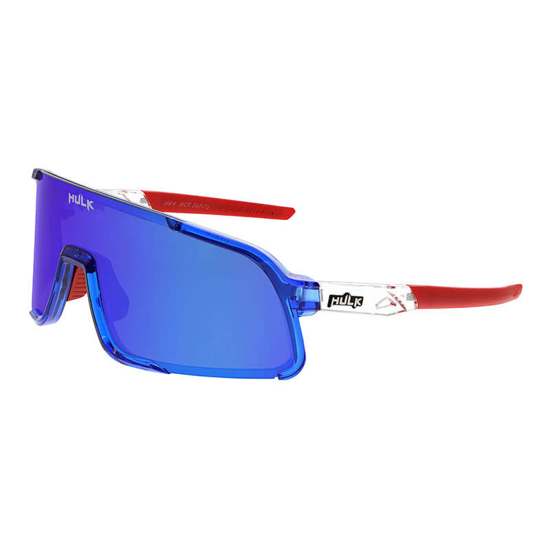 The MCR Hulk HK4 MAX3 Polarized Safety Glasses by MCR Safety feature blue mirrored polarized lenses, red and white arms, “HULK” branding on the lens and arm, plus an angular modern frame for a bold look.