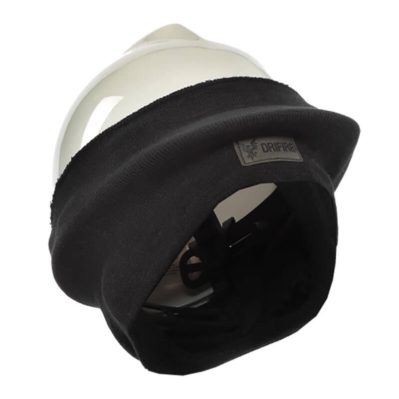 A black protective hood, made from DuPont Nomex, is designed to partially cover a white hard safety helmet. This helmet features a sleek, glossy finish and includes a chin strap inside, showcasing the brand name "National Safety Apparel" on the tag of this flame-resistant gear.