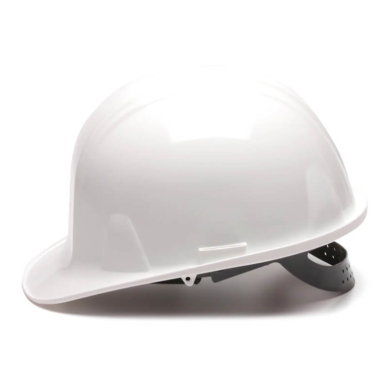 A side view of a Pyramex Safety Cap-Style Hard Hat (16/Case), plain white and made of high-density polyethylene, featuring an adjustable gray strap underneath.