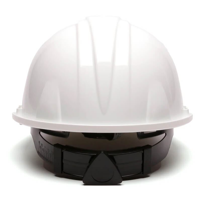 The Pyramex Safety HP141 Ratchet Hard Hat features a white shell with a black adjustable ratchet strap, is ideal for construction or industrial use, and meets ANSI Z89.1 safety standards. Available in cases of 16.