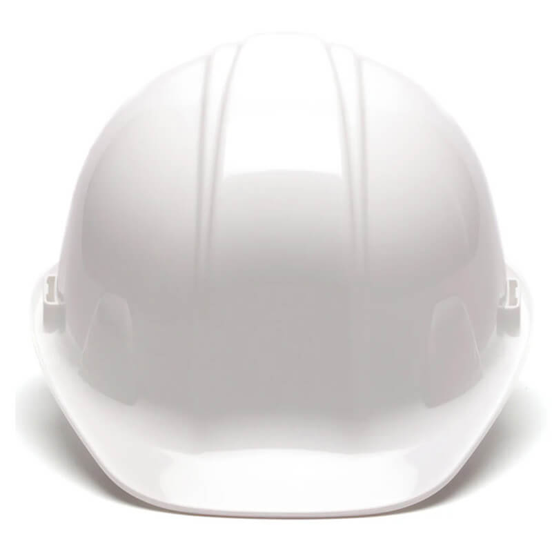 The Pyramex Safety Ratchet Hard Hat HP141_ features a white, smooth front with two raised ridges and a comfortable ratchet suspension. ANSI Z89.1 compliant, this helmet ensures reliable on-site protection. 16 per case.