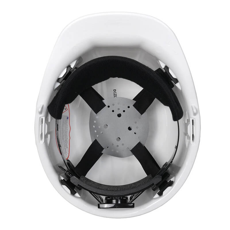 Top view of the Pyramex Safety Ratchet Hard Hat HP141, featuring an ANSI Z89.1-compliant ratchet suspension, black adjustable straps, and a padded forehead band for comfort.