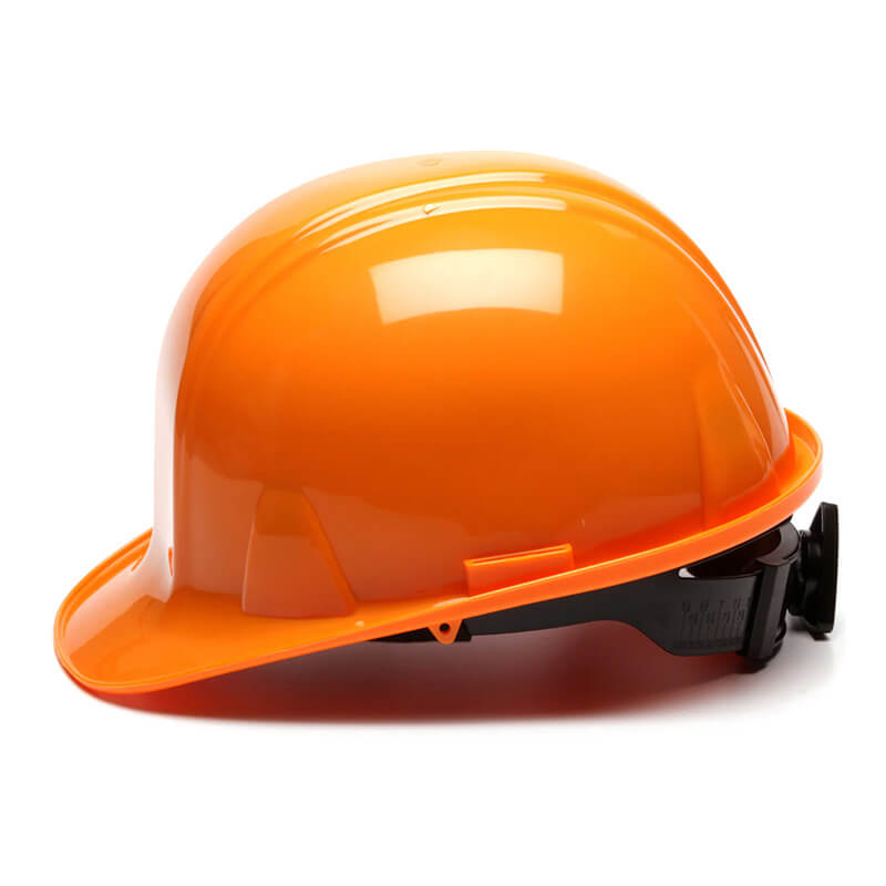 The Pyramex Safety HP141 Ratchet Hard Hat is shown in profile on a white background. It features a bright orange glossy finish, adjustable black strap, comfortable ratchet suspension, and meets ANSI Z89.1 standards.