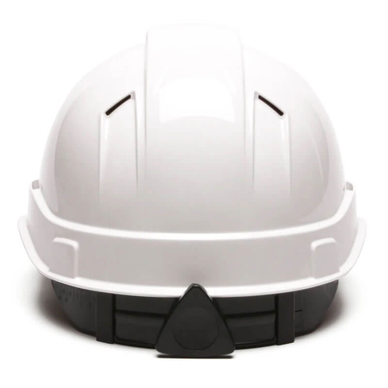 A Pyramex Safety Ridgeline Vented Cap Style 4Pt Ratchet HardHat in white, shown from the rear with its adjustable black ratchet strap and top ventilation slits. Set against a plain white background.