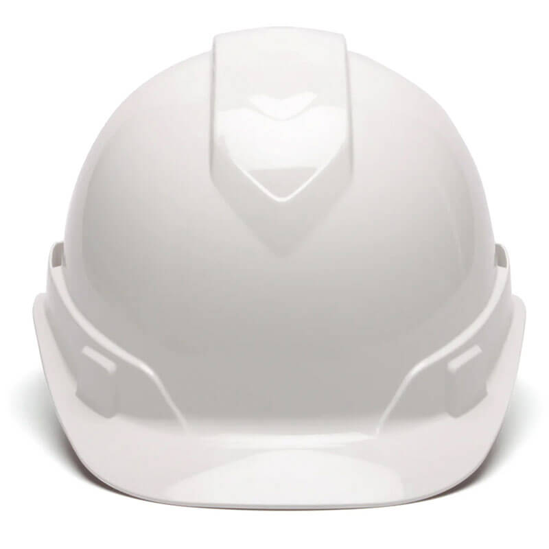 The Pyramex Safety Ridgeline Vented Cap Style 4Pt Ratchet Hard Hat, shown in white, provides head protection for construction or industrial environments.