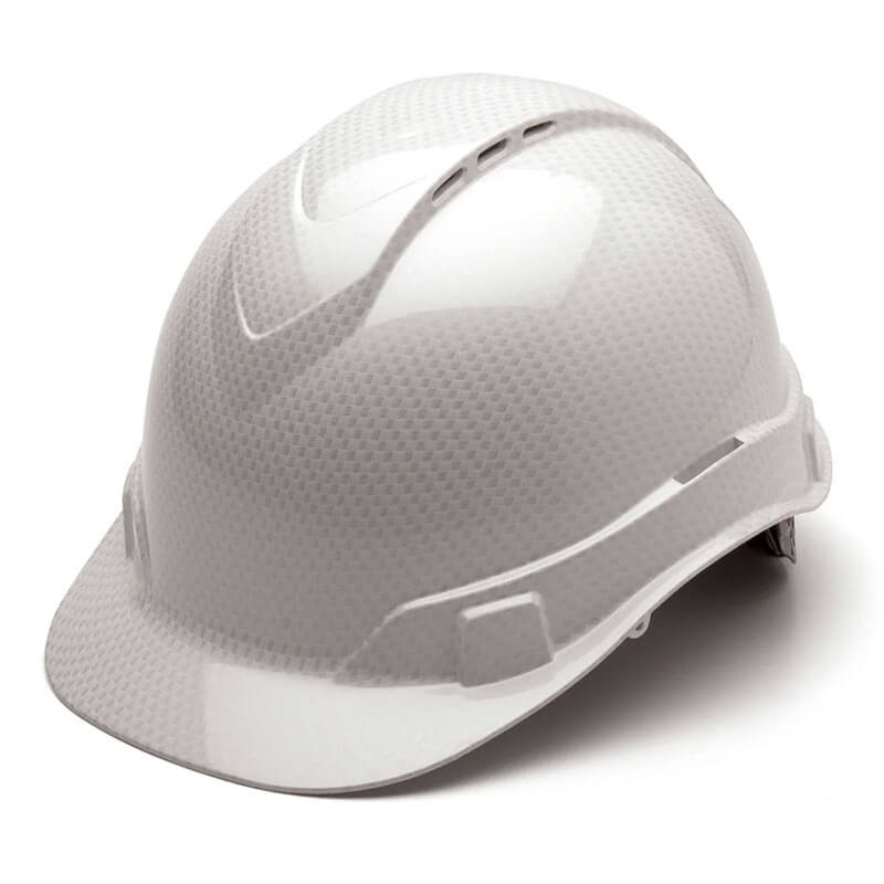 The Pyramex Safety Hydro Dipped Ridgeline Vented Cap Style helmet features a sleek, rounded top and a short brim. Designed with ventilation grooves and an adjustable strap for maximum comfort, this helmet merges safety with style against a light background.