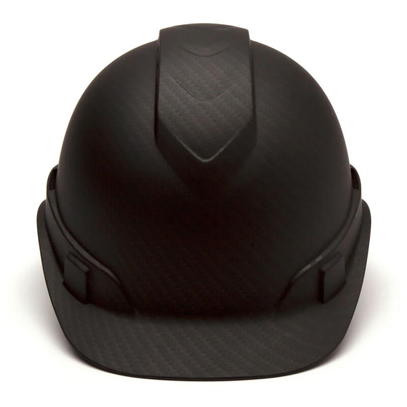A Pyramex Safety Hydro Dipped Ridgeline Vented Cap Style hard hat, shown from the front and slightly above, featuring a subtle texture, wide brim, matte black finish, and sleek vented design.