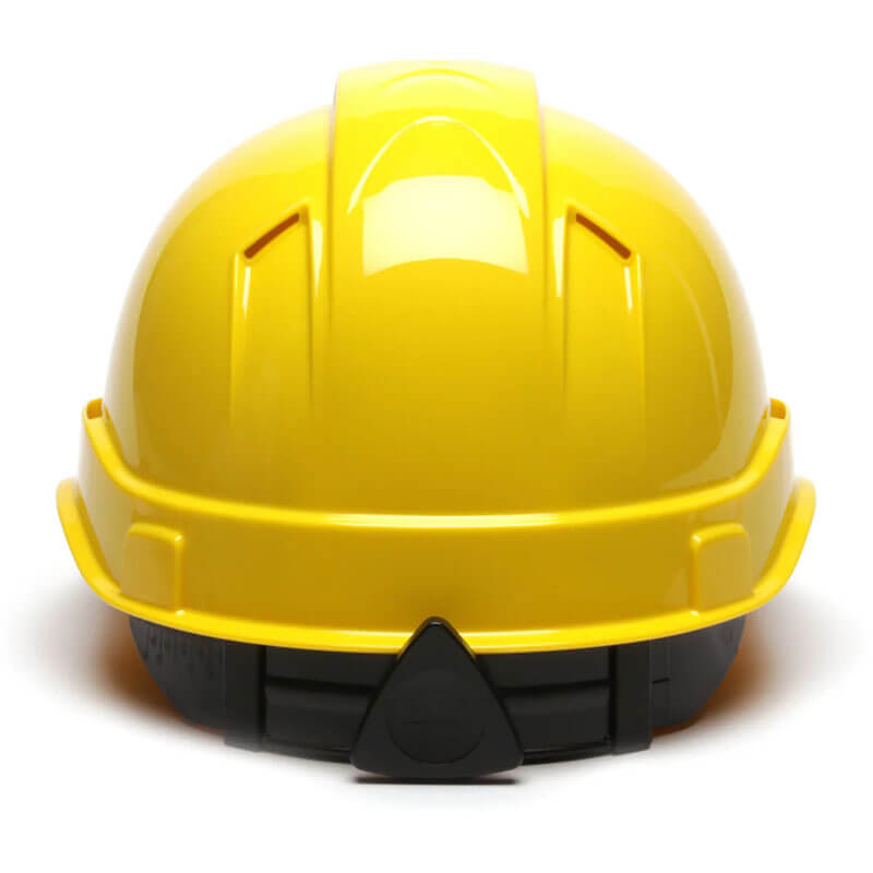 The Pyramex Ridgeline Vented Cap Style 4Pt Ratchet HardHat by Pyramex Safety is a bright yellow, curved hard hat with a black adjustable strap and front view design.