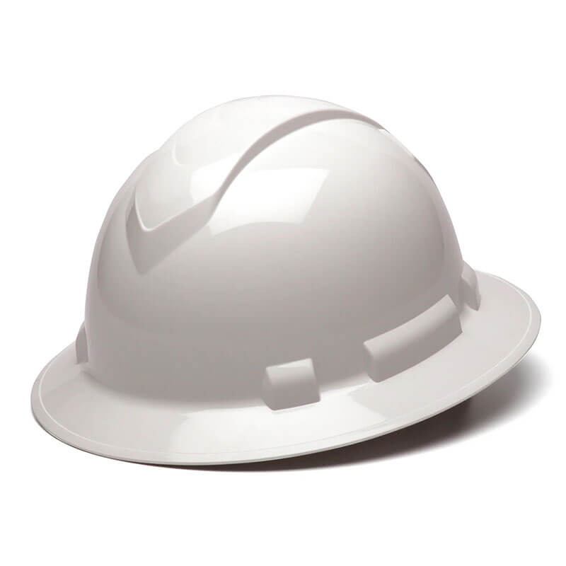 A Pyramex Ridgeline Full Brim Hard Hat from Pyramex Safety, with a smooth, glossy finish, is set against a plain white backdrop. It includes side slots for attachments and a ratchet suspension system, making it perfect for durable head protection in construction and industrial settings.
