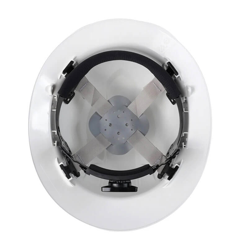 Top view of the Pyramex Ridgeline Full Brim Hard Hat by Pyramex Safety, displaying its internal suspension system with gray straps, a black adjustable headband, and a ratchet design. Available in boxes of 12.