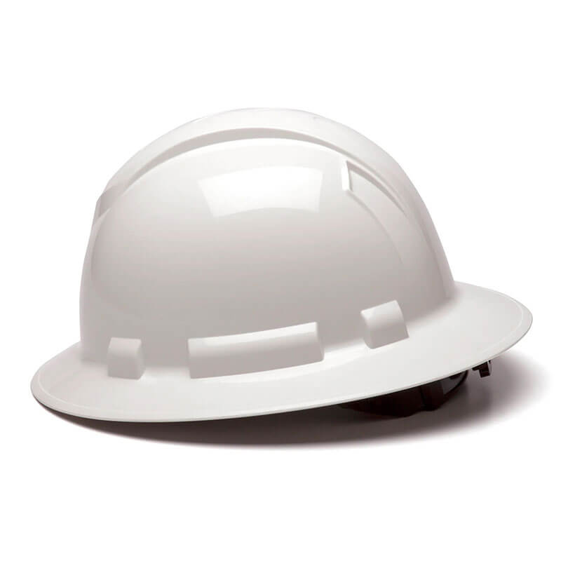 A Pyramex Safety Ridgeline Full Brim Hard Hat (12/Box) with ratchet suspension, made for superior head protection, rests on a white surface.