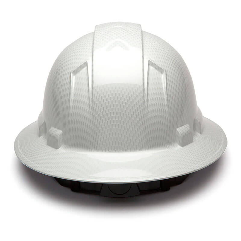A Pyramex Safety Hydro Dipped Ridgeline Full Brim Hard Hat (12/Case) with a textured pattern and ratchet suspension is shown from the front against a plain white background.