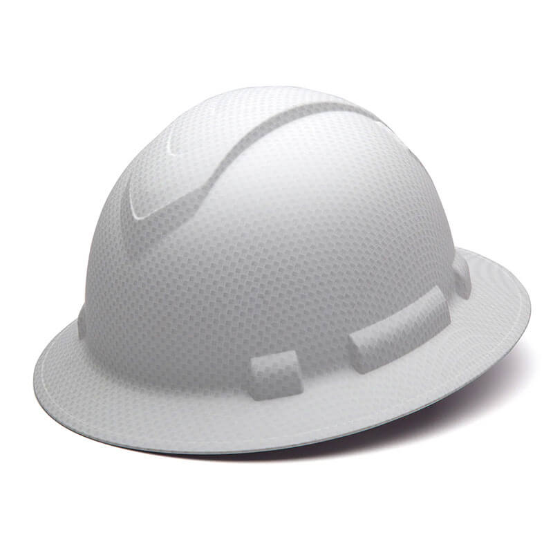The Pyramex Safety Hydro Dipped Ridgeline Full Brim Hard Hat, showcased on a plain backdrop, emphasizes its textured exterior and robust, protective design complete with ratchet suspension, fully compliant with ANSI Z89.1-2014 standards.