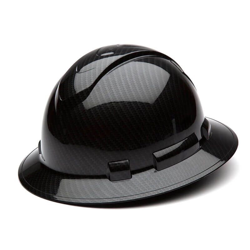 The Pyramex Safety Hydro Dipped Ridgeline Full Brim Hard Hat, available in glossy black, boasts a sleek and reflective surface ideal for construction safety. It features ANSI Z89.1-2014 compliance, two side slots for attaching accessories, and a ratchet suspension system to ensure superior comfort and fit.