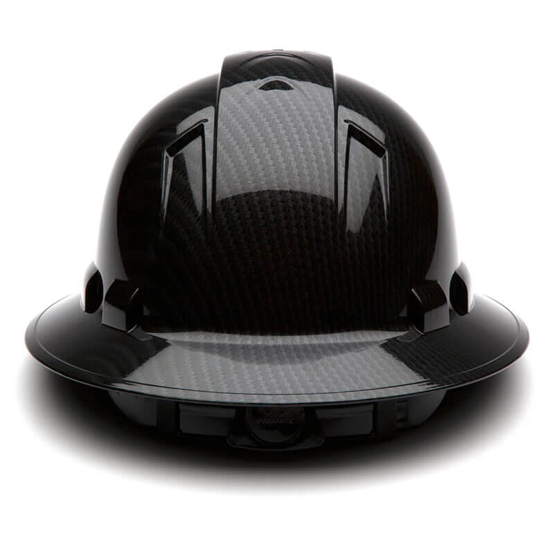 The Pyramex Safety Hydro Dipped Ridgeline Full Brim Hard Hat (12/Case) is shown from the front, featuring a glossy black carbon fiber pattern, wide brim, and ratchet suspension.
