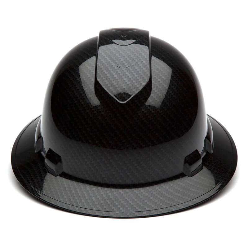 A Pyramex Safety Hydro Dipped Ridgeline Full Brim Hard Hat with a glossy carbon fiber finish is shown from the front on a white background. This black hard hat features a wide brim and is available in cases of 12.