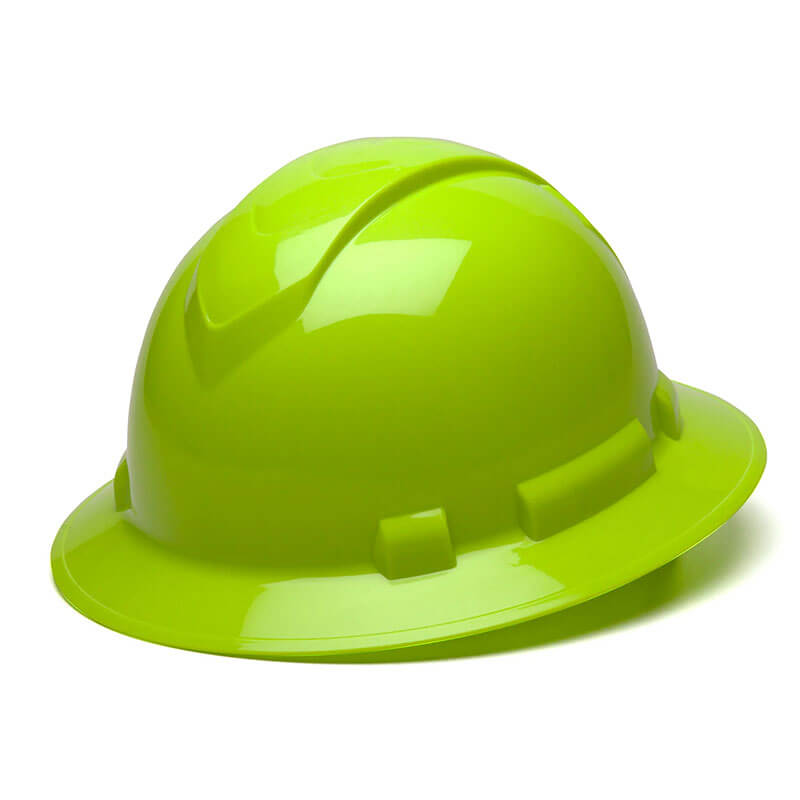 The Pyramex Safety Ridgeline Full Brim Hard Hat, available in a vibrant lime green with a glossy finish, features a full brim and ridged design for enhanced protection. It comes equipped with an adjustable ratchet suspension to ensure a comfortable fit.