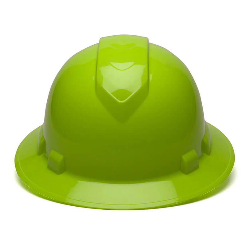 A bright green Pyramex Safety Ridgeline Full Brim Hard Hat (12/Box) with a smooth, shiny finish is shown from the front against a white background.