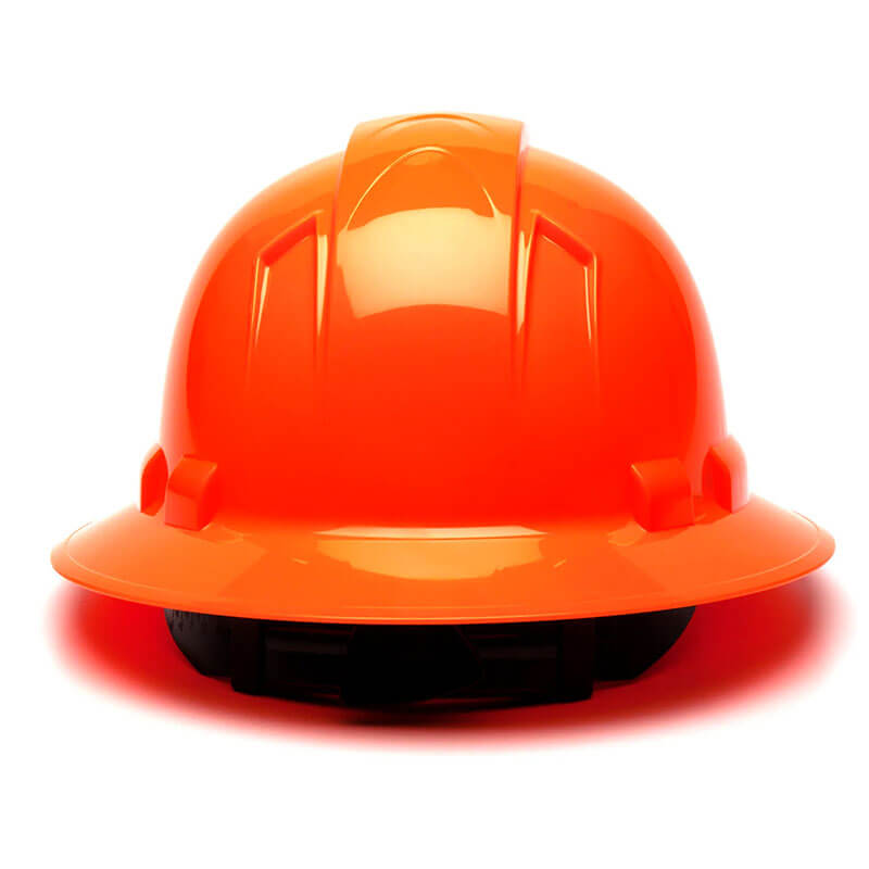 The Pyramex Ridgeline Full Brim Hard Hat by Pyramex Safety in bright orange features a ratchet suspension and is shown facing forward on a white background.